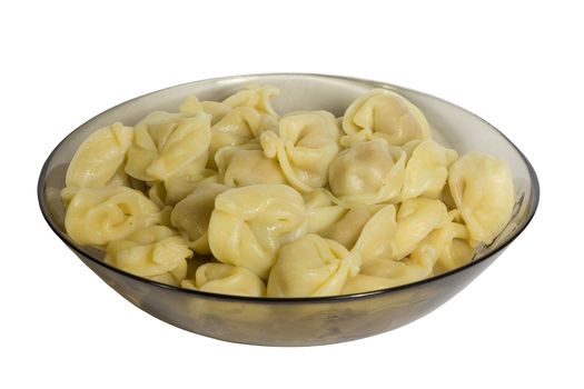 cooked dumplings in glass-ware. isolated on white background.