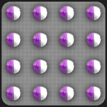 Round purple and white pills enclosed in their packaging.