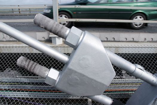 A huge metal fastening for the cables on a suspension bridge