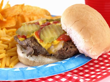 Delicious picnic barbecue fare; homestyle burger; macaroni and cheese; and chips. Served on a paper blue plate; with disposable plastic fork and knife.