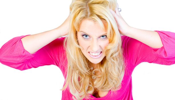 Studio portrait of a long blond girl looking hysterical