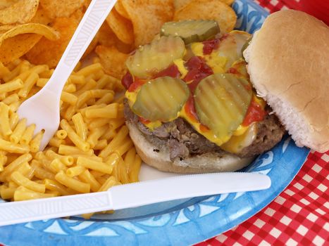 Delicious picnic barbecue fare, homestyle burger, macaroni and cheese, and chips. Served on a paper blue plate, with disposable plastic fork and knife.
