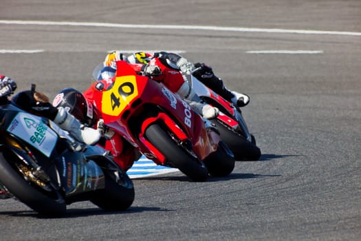 JEREZ DE LA FRONTERA, SPAIN - APR 17: Moto2 motorcyclist Roman Ramos takes a curve in the CEV Championship race on April 17, 2011 in Jerez de la Frontera, Spain.