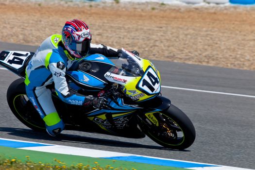JEREZ DE LA FRONTERA, SPAIN - APR 17: Stock Extreme motorcyclist Alexandre Praud takes a curve in the CEV Championship race on April 17, 2011 in Jerez de la Frontera, Spain
