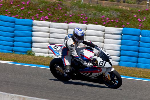 JEREZ DE LA FRONTERA, SPAIN - APR 17: Stock Extreme motorcyclist Eduardo Salvador takes a curve in the CEV Championship race on April 17, 2011 in Jerez de la Frontera, Spain