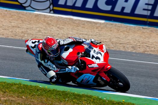 JEREZ DE LA FRONTERA, SPAIN - APR 17: Stock Extreme motorcyclist Luis Fernando Sainz takes a curve in the CEV Championship race on April 17, 2011 in Jerez de la Frontera, Spain