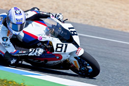 JEREZ DE LA FRONTERA, SPAIN - APR 17: Stock Extreme motorcyclist Eduardo Salvador takes a curve in the CEV Championship race on April 17, 2011 in Jerez de la Frontera, Spain