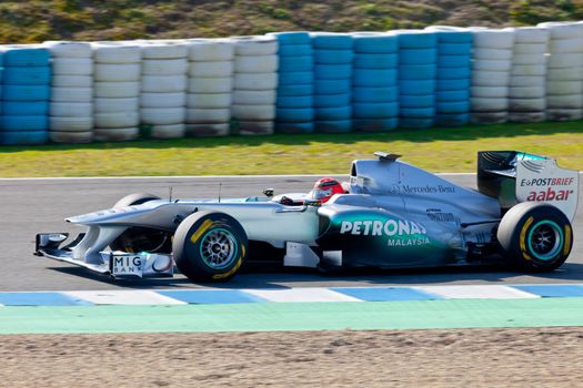 JEREZ DE LA FRONTERA, SPAIN - FEB 11: Michael Schumacher of Mercedes F1  races on training session on February 11 , 2011 ,in Jerez de la Frontera , Spain
