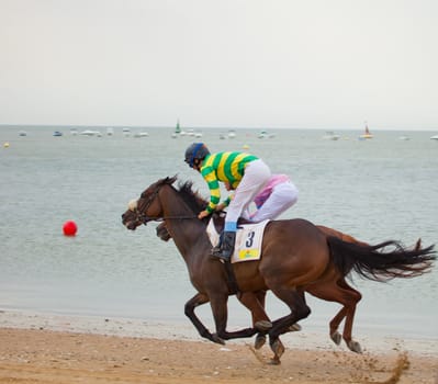 SANLUCAR DE BARRAMEDA, CADIZ, SPAIN - AUGUST 07: Unknown riders of the horses races of the beach of Sanlucar de Barrameda on August 07, 2010 in Sanlucar de Barrameda, Cadiz, Spain.