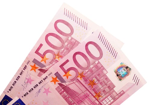 Two five-hundred-euro banknotes isolated over a white background.