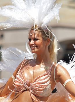 2COPENHAGEN - JUNE 11: Participant in the 29th annual Copenhagen Carnival parade of fantastic costumes, samba dancing and Latin styles starts on June 10 - 12, 2011 in Copenhagen, Denmark.