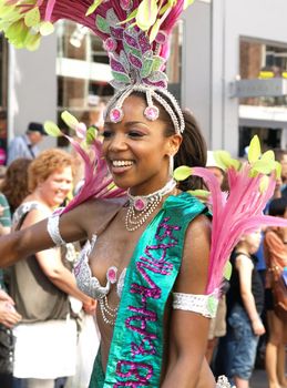 COPENHAGEN - JUNE 11: Participant in the 29th annual Copenhagen Carnival parade of fantastic costumes, samba dancing and Latin styles starts on June 10 - 12, 2011 in Copenhagen, Denmark.