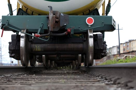 Railway. The tail of the departing train. Bottom view