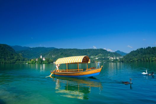 Colorful boat on Lake Bled. Slovenia, europe