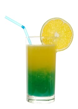Blue Curacao and Orange Juice decorated with an Orange Slice and a Drinking Straw