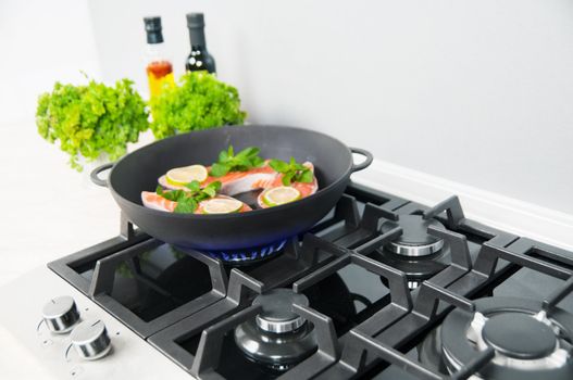 vegetables dish prepared in a black skillet in the kitchen
