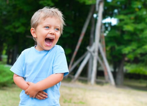 Cute 2 years old boy staing on the footpath in the park