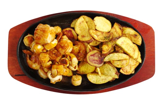 Seafood with fried potatoes photographed from above (isolated on white)