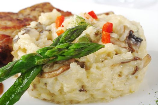 Green asparagus with rice and meat (Selective Focus)