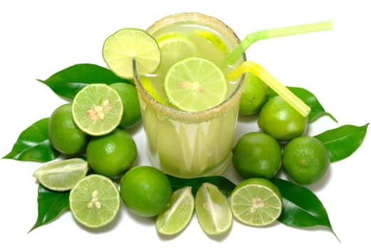 Fresh lemonade, lemons and leaves with straws