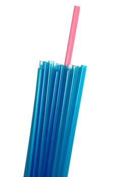 Red drinking straw standing out from a bunch of blue ones.