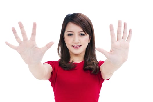 Closeup portrait of a young woman showing hands isolated on white background.