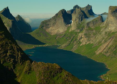 A fjord surrounded by high mountains on the Lofoten