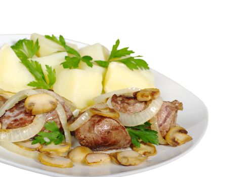 Fillet with mushrooms, onions and potatoes with parsley on white