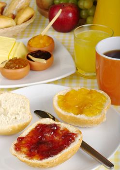 Jam breakfast with orange juice, coffee and fruits