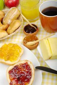 Jam breakfast with orange juice, coffee and fruits (Selective Focus)