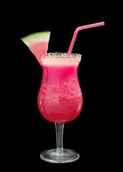 Watermelon smoothie with a slice of watermelon and a straw on black background