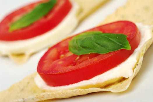 Appetizer: A slice of tomato, mozzarella and a basil leaf on a triangular shaped crocantini (Selective Focus)