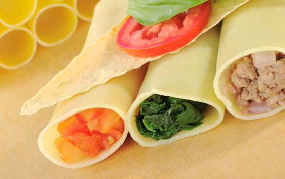 Cannelloni filled with tomatoes, spinach and mincemeat, with crocantini, tomato and basil leaf on top (Selective Focus)