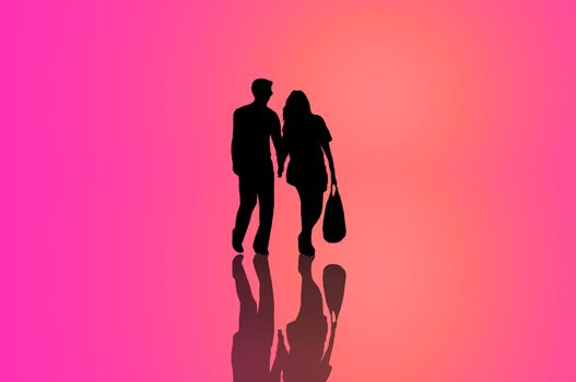 A silhouetted young couple walking on reflective surface towards a warm light with pink background.