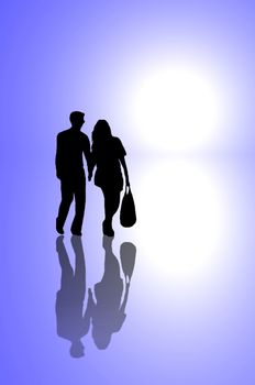 A silhouetted young couple walking on reflective surface towards a bright light with blue background.