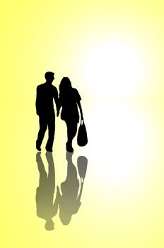 A silhouetted young couple walking on reflective surface towards a bright light with yellow background.