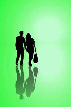 A silhouetted young couple walking on reflective surface towards a bright light with green background.