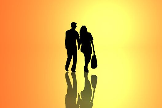 A silhouetted young couple walking on reflective surface towards a bright yellow light with warm golden background.