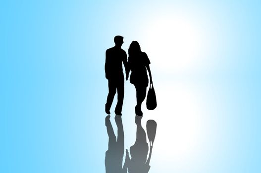 A silhouetted young couple walking on reflective surface towards a bright light with blue background.