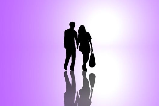 A silhouetted young couple walking on reflective surface towards a bright light with violet background.