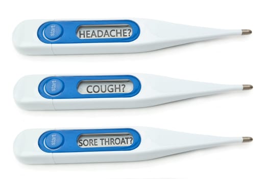 Three digital thermometers arranged parallel and horizontal with displays reading the symptoms of Flu. White background