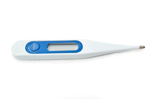 One single white and blue digital thermometer arranged over white with blank display