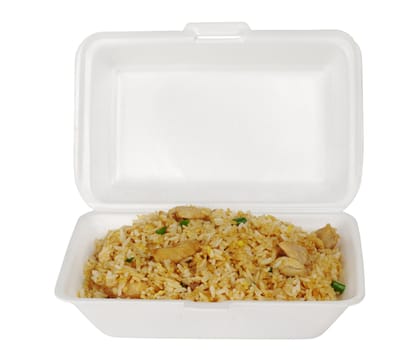 Chinese take-away food in styrofoam box: Fried rice with chicken (Isolated on White)