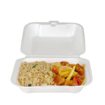 Chinese take-away food in styrofoam box: Fried rice sweet and sour with pineapple and chicken (Isolated on White)