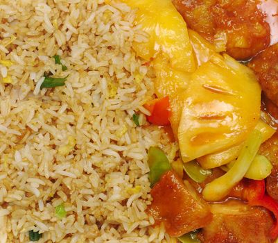 Chinese Cuisine: Fried Rice with Pineapples and Chicken with sweet and sour gravy