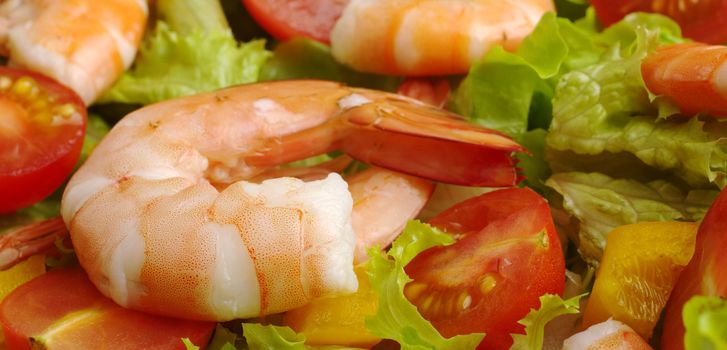 Appetizer: King prawn with lettuce, bell pepper, tomato (Selective Focus)