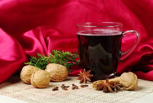 Mulled wine with cinnamon, star anise, walnuts, cloves and a branch of evergreen on mat with red fabric as background (Selective Focus)