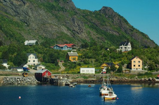 Sorvagen, the town of the ferry terminal for the ferry between Bodo and the Lofoten, Norway   