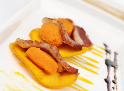 Appetizer: A slice of duck meat on sweet potato puree and sweet potato chip (Selective Focus)