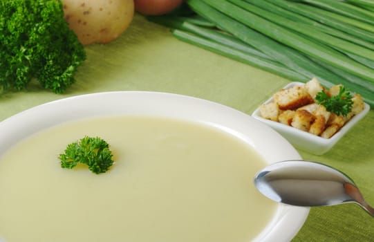 Potato soup with parsley on top and ingredients in the background (Selective Focus)